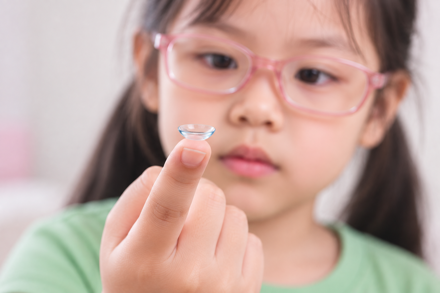 Thay vì đeo kính gọng, các em nhỏ có thể đeo kính áp tròng Ortho K