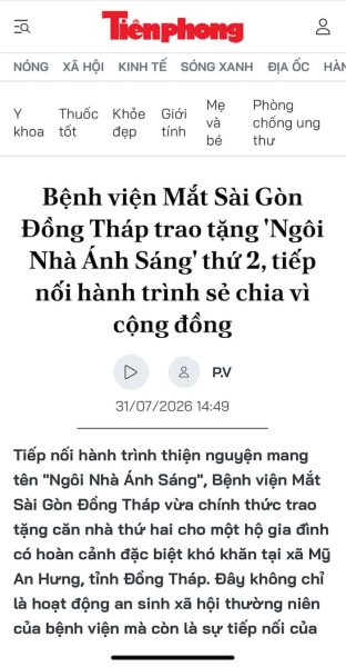 Báo Tiền Phong: Bệnh viện Mắt Sài Gòn Đồng Tháp trao tặng 'Ngôi Nhà Ánh Sáng' thứ 2